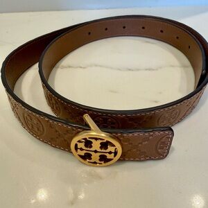 Tory Burch Women’s Brown Logo Embossed Leather Belt with Gold Buckle